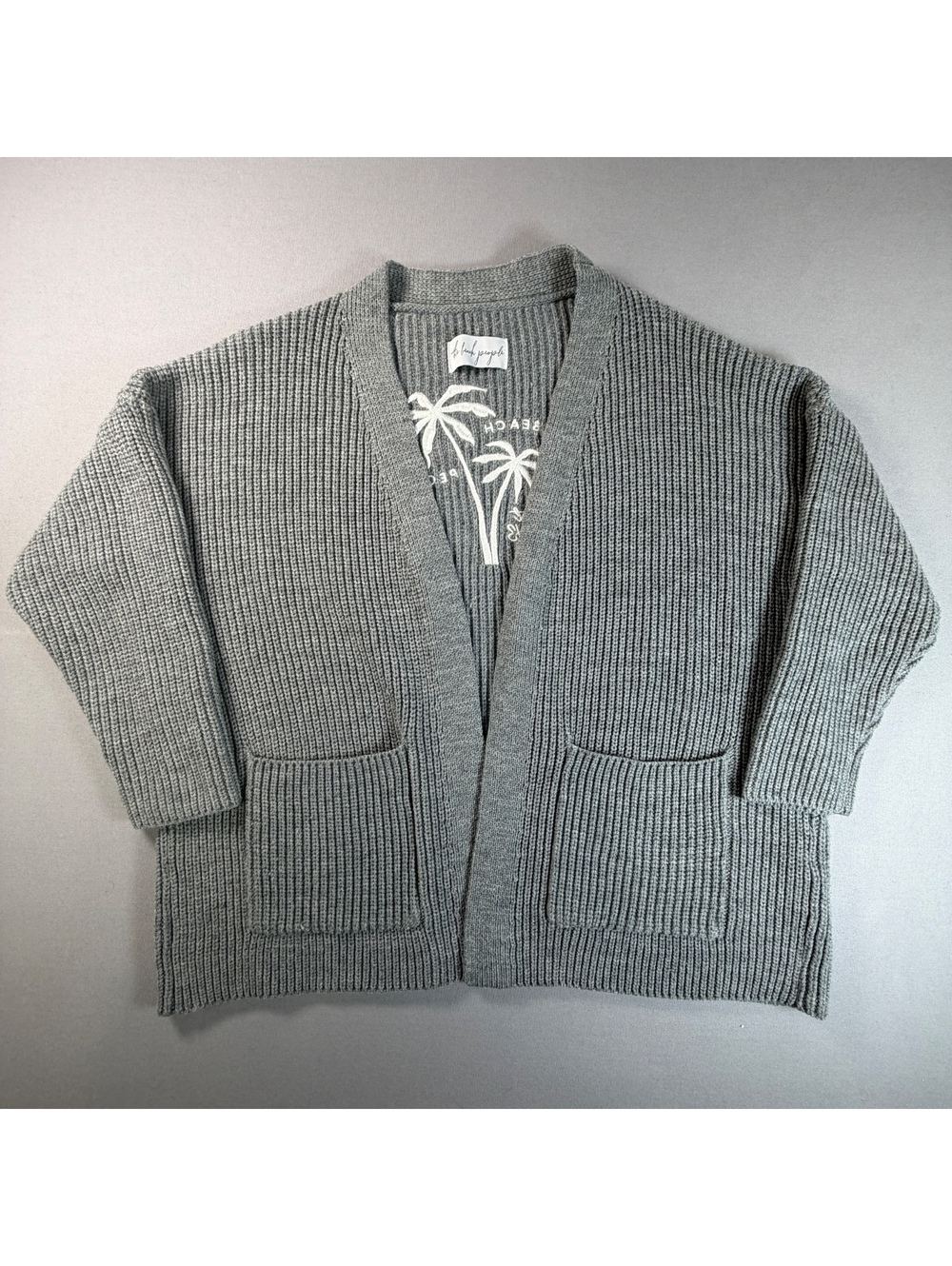 The Beach People Cardigan Sweater M/L Gray Knit Palm Tree Embroidered